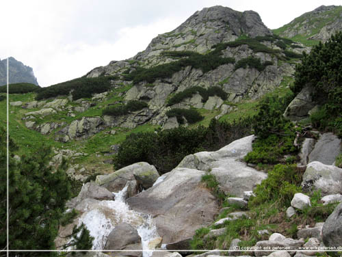 Slovakiet. P vej over klippe  og sten til Hincovo pleso