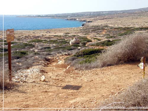 Cypern. Bde lokale- og E4-skilte viser sporet mellem de forrevne og skarpe sten