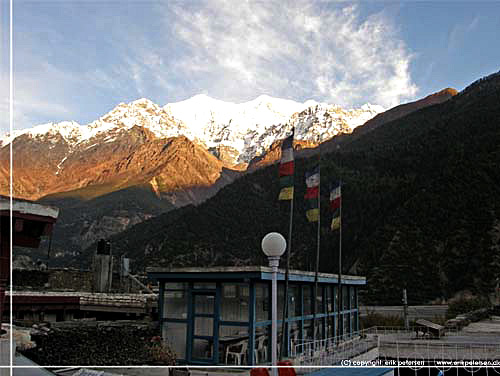 Nepal. Fra taget af Tukuche Guesthouse. De 3 Nilgiri toppe i aftensolen [copyright: Erik Petersen]