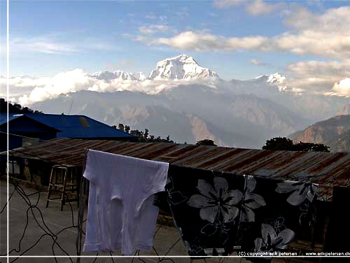 Nepal. Ghorepani. Der er skyer p vej mod Dhaulagiri, ikke s godt for de, der skal til Poon Hill i morgen tidlig [copyright: Erik Petersen]