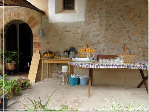 Mallorca. Finca can Gamundi. Friskpresset appelsin juice, kaffe, kage og hyggelige have