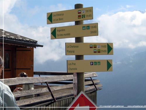 TMB. Vejviser skilte ved det travle Chalet de Flgre. Fin skiltning: Lac Blanc 1.45 min. S er det bare at komme derud ad