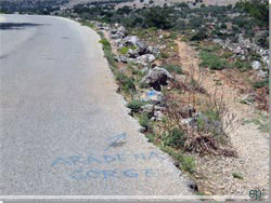 Der er skrevet 'Aradena Gorge' med blt p asfalten - men i hjre side af vejen