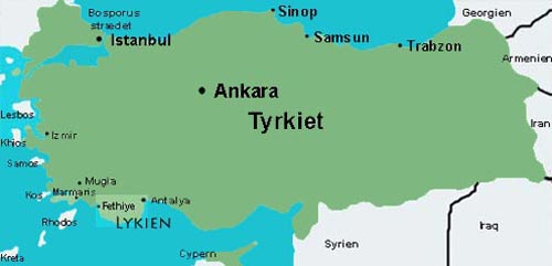 Det nuværende Tyrkiet med Lykien (markeret)