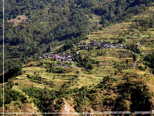 Nepal. Udsigt til den modsatte side af dalen, hvor 2 landsbyer ligger mellem velholdte terrassemarker [copyright: Erik Petersen]