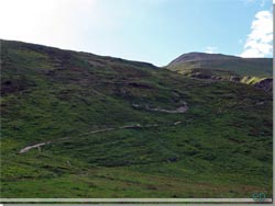TMB. Stien p den grnne bjergside rammer landevejen ude ved Arp Novaz