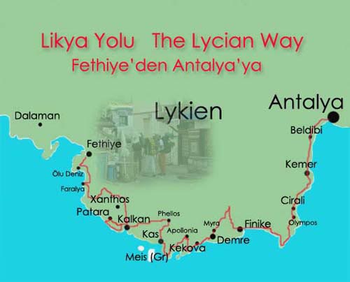 Kas Tyrkiet Kort Kort over Lykien | inspiration til vandreture i Tyrkiet Kas Tyrkiet Kort